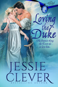 The book cover for Loving the Duke by Jessie Clever showing a couple embracing including a blonde haired woman in a servant's dress and a big man with tawny hair with his shirt half off and a crutch at his side. The cover is a mixture of blue hues.